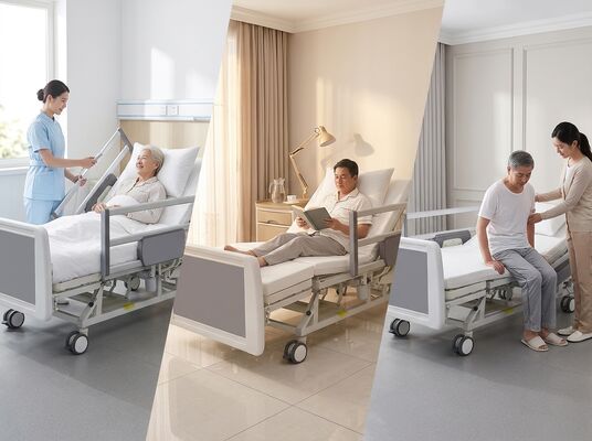 5 Function Electric Turning Nursing Bed 2080x980x450mm Commode Hole 125mm Mute Casters